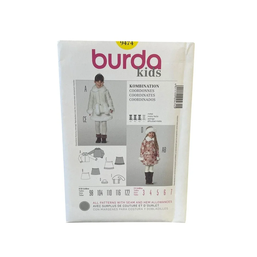 Burda Sewing Pattern 9474 Kids Size 3-7 White Coat Skirt Hat Purse Set Uncut